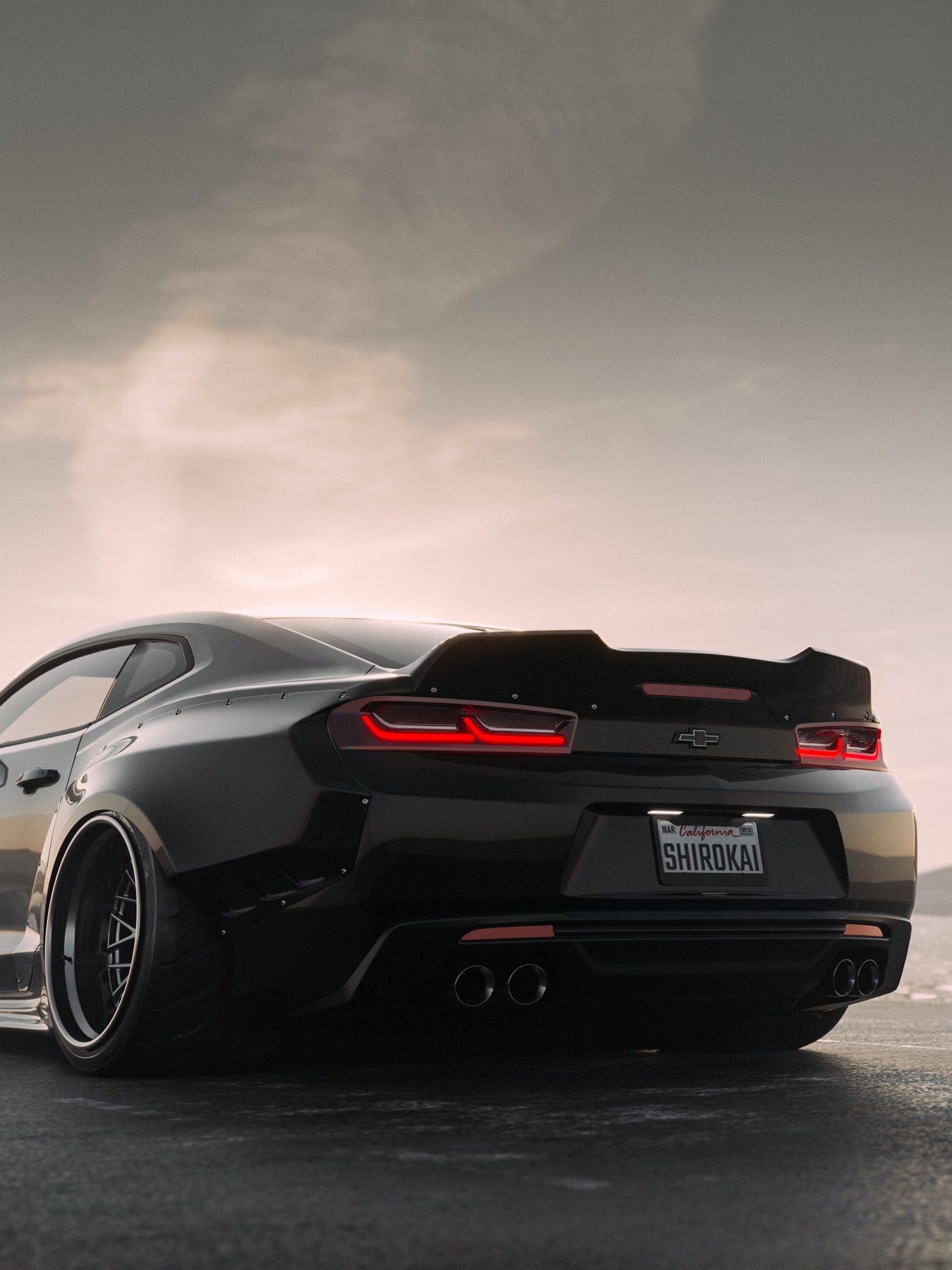 Chevrolet Camaro 6th gen widebody kit SHIROKAI Stance lowered Chevy black sports car rear view