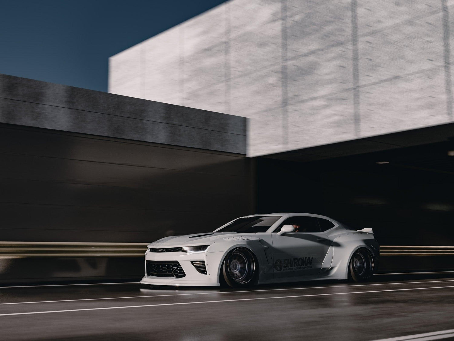 Chevrolet Camaro 6th gen widebody kit SHIROKAI Stance lowered Chevy in white with aggressive design and deep wheel fitment