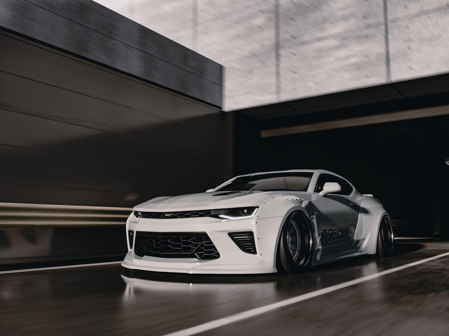 Chevrolet Camaro 6th gen widebody kit SHIROKAI Stance lowered Chevy in white with aggressive wide fenders and lowered stance