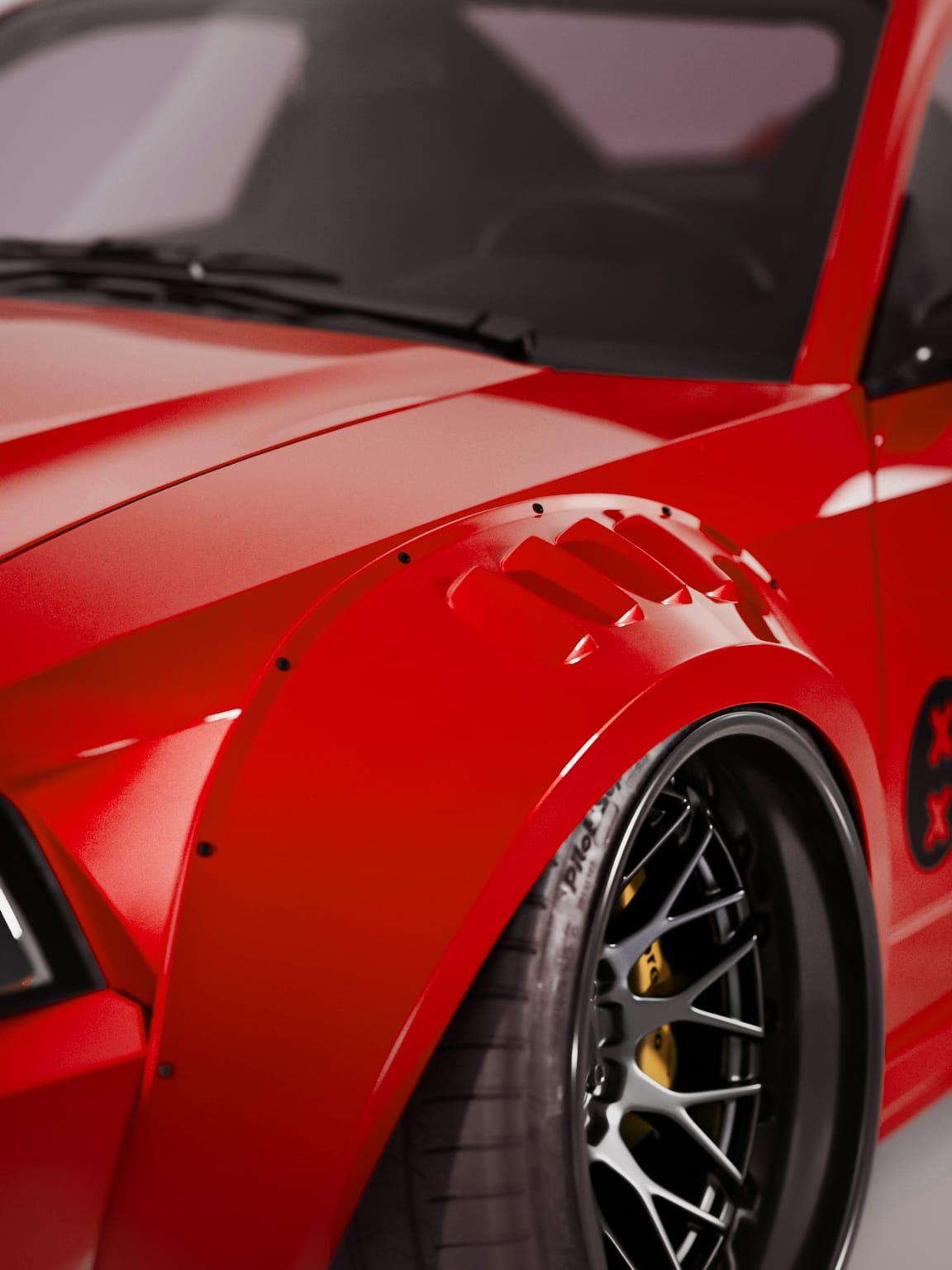 Red car fitted with SHIROKAI 1999-2004 Mustang SN95 Cobra wide-body kit showcasing detailed wide fender and black custom wheel