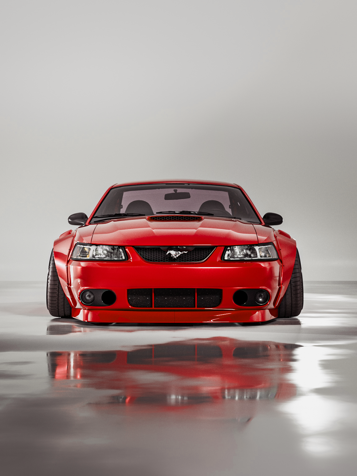 Red 1999-2004 Mustang SN95 Cobra wide-body kit by SHIROKAI with aggressive front design