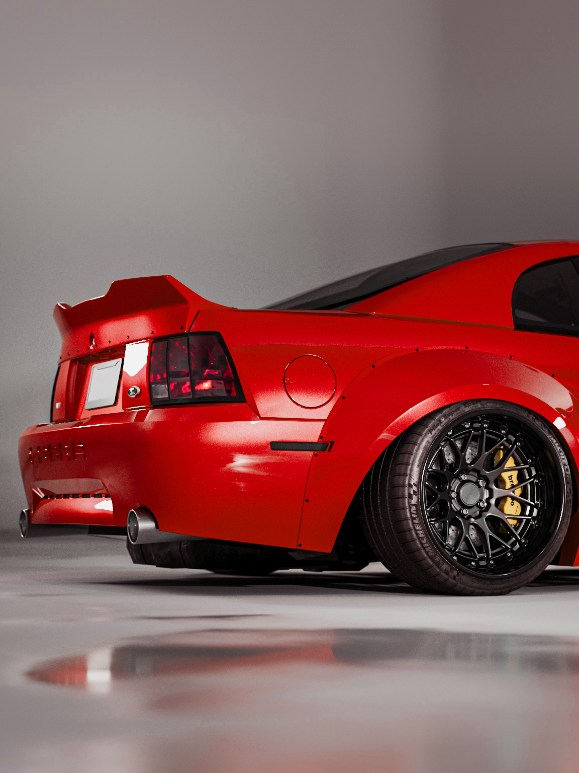 Red 1999-2004 Mustang SN95 Cobra wide-body kit by SHIROKAI with black wheels and rear spoiler