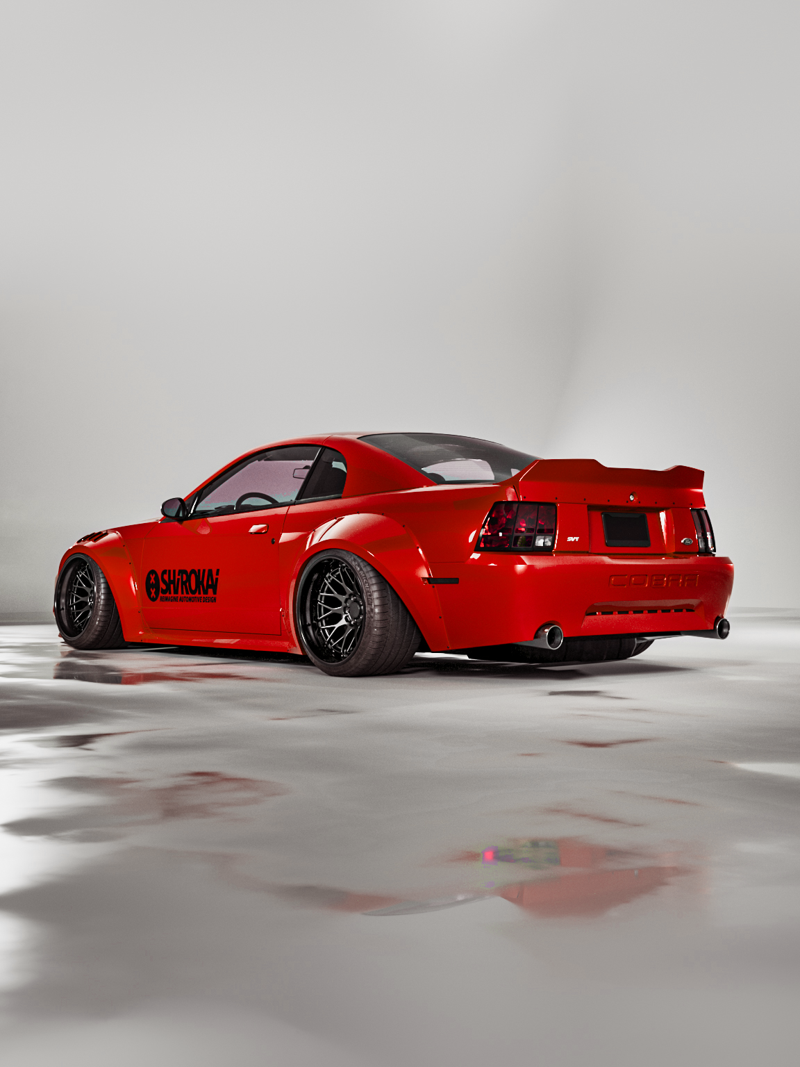 Red 1999-2004 Mustang SN95 Cobra wide-body kit by SHIROKAI installed with black wheels and rear spoiler