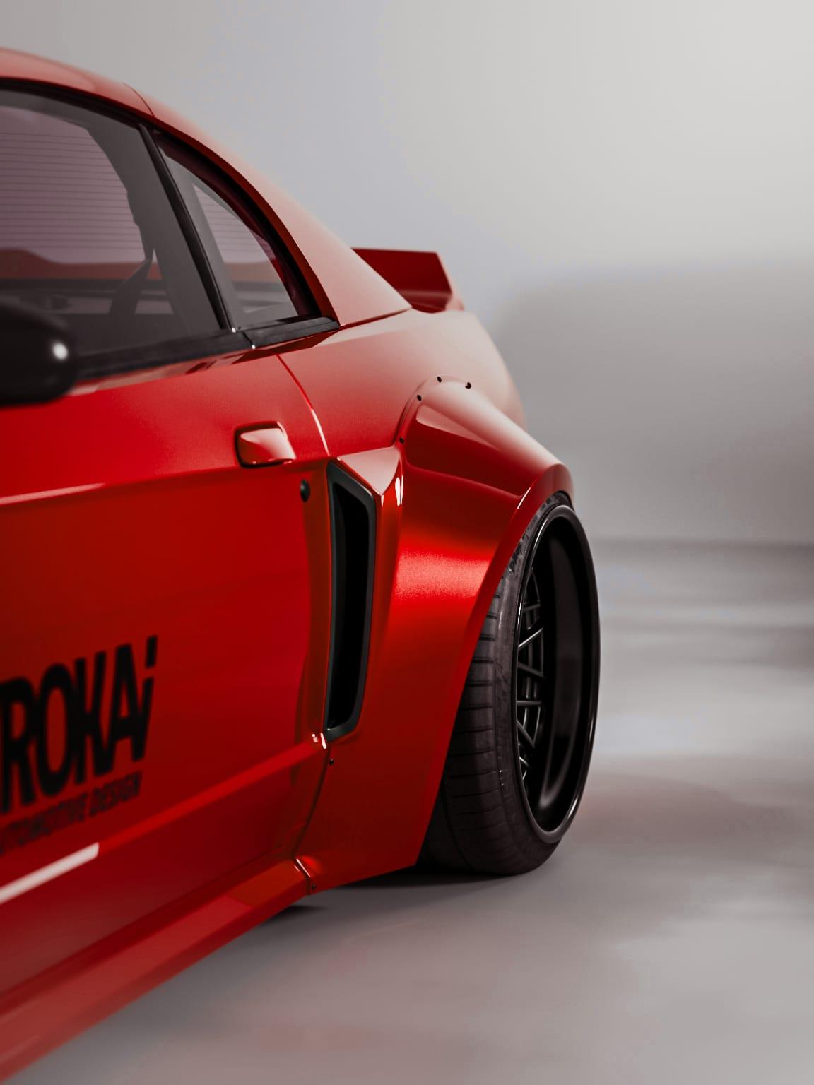 Red 1999-2004 Mustang SN95 Cobra wide-body kit by SHIROKAI with aggressive fender flares and black wheels