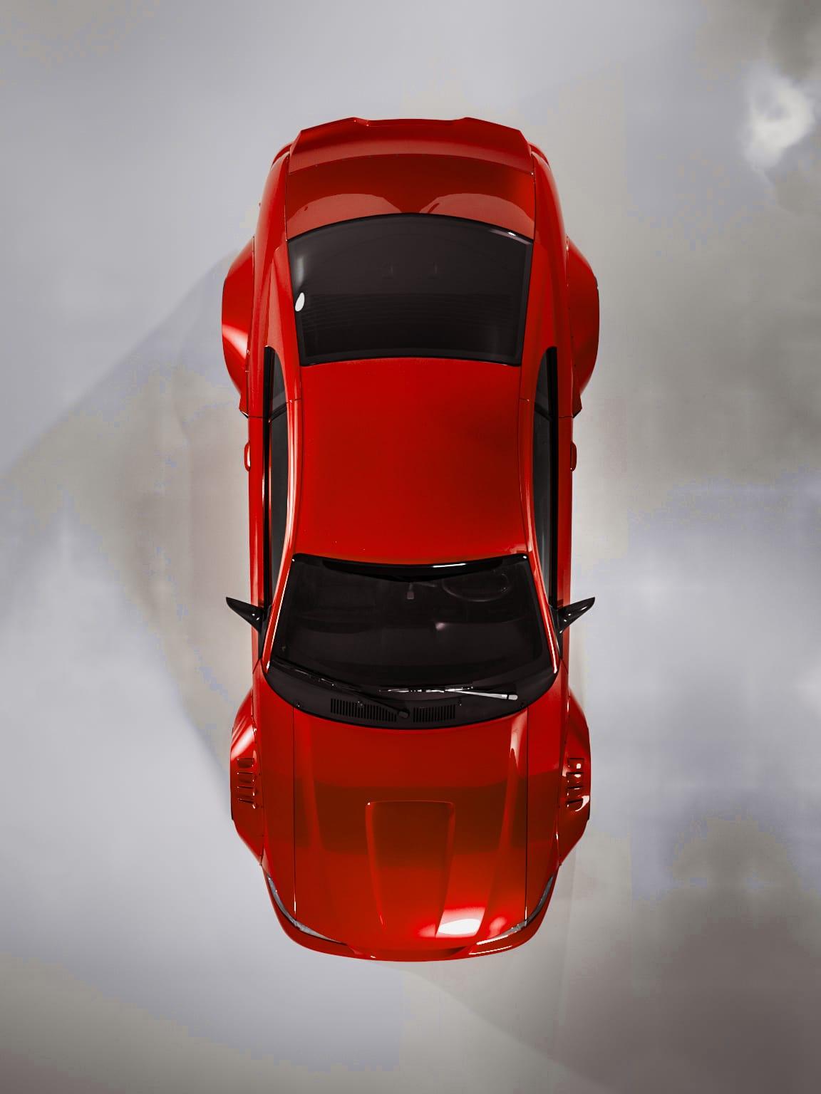 Red 1999-2004 Mustang SN95 Cobra wide-body kit by SHIROKAI shown from above on a gray background