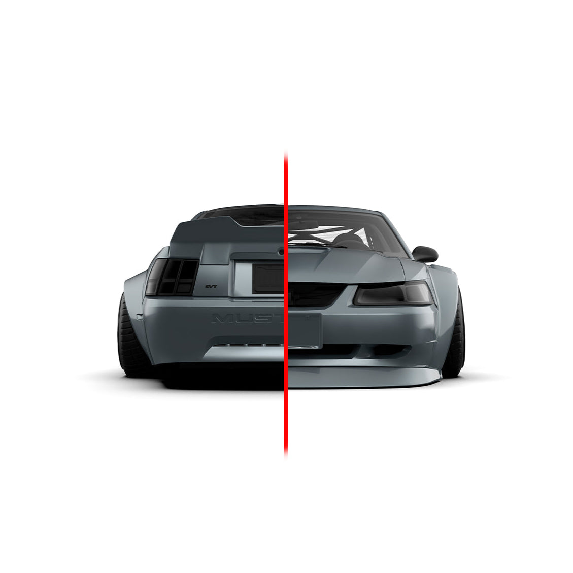1999-2004 Mustang SN95 Cobra wide-body kit by SHIROKAI showing front car body modification comparison