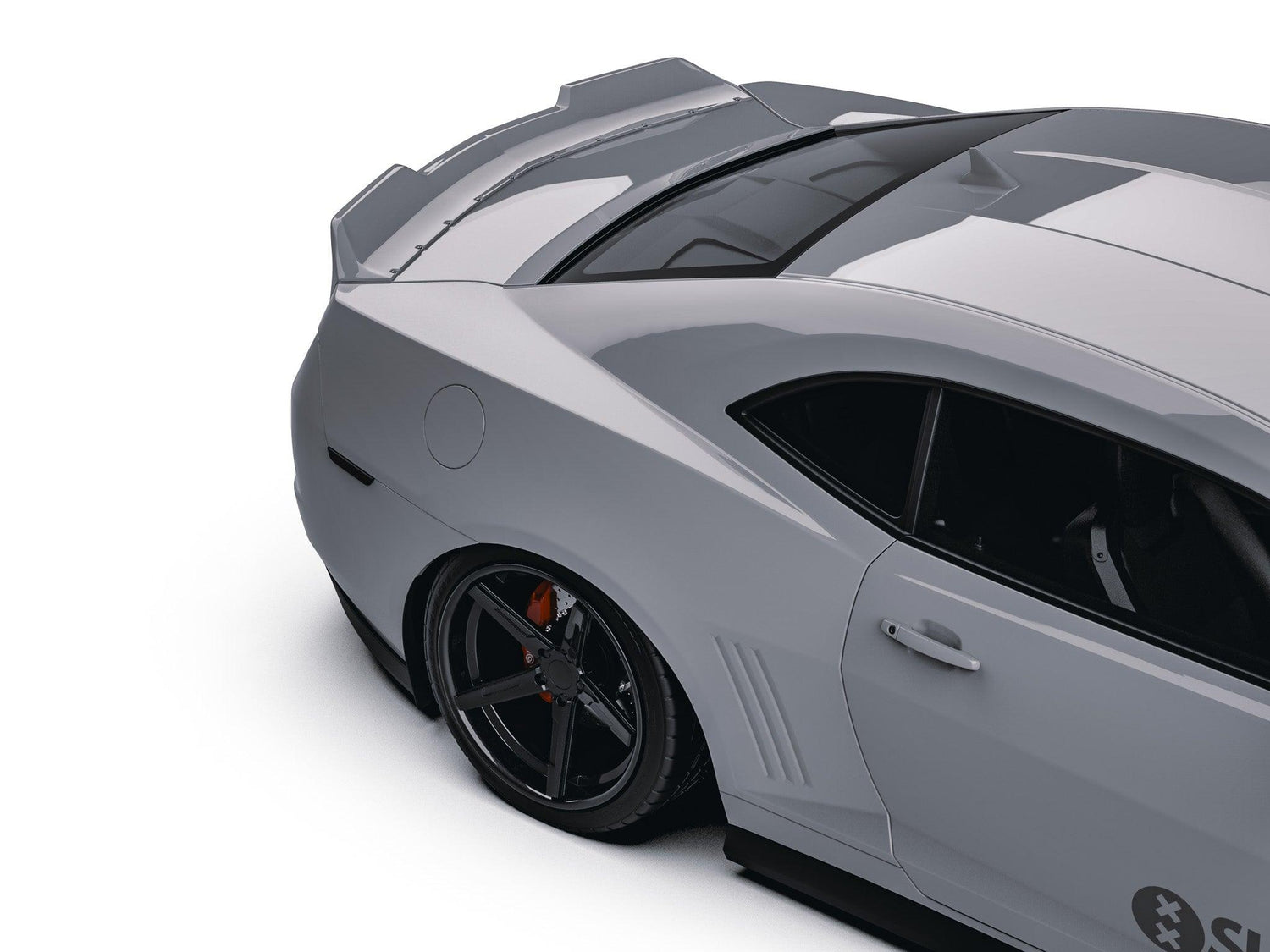 Grey Chevrolet Camaro with SHIROKAI ducktail spoiler installed on rear deck lid