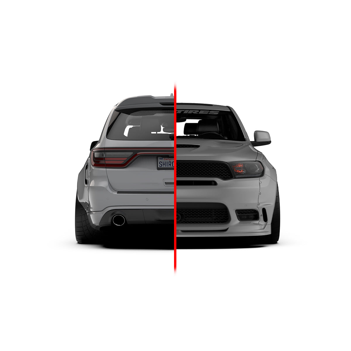Dodge Durango SRT widebody kit SHIROKAI showing front and rear view split image in gray