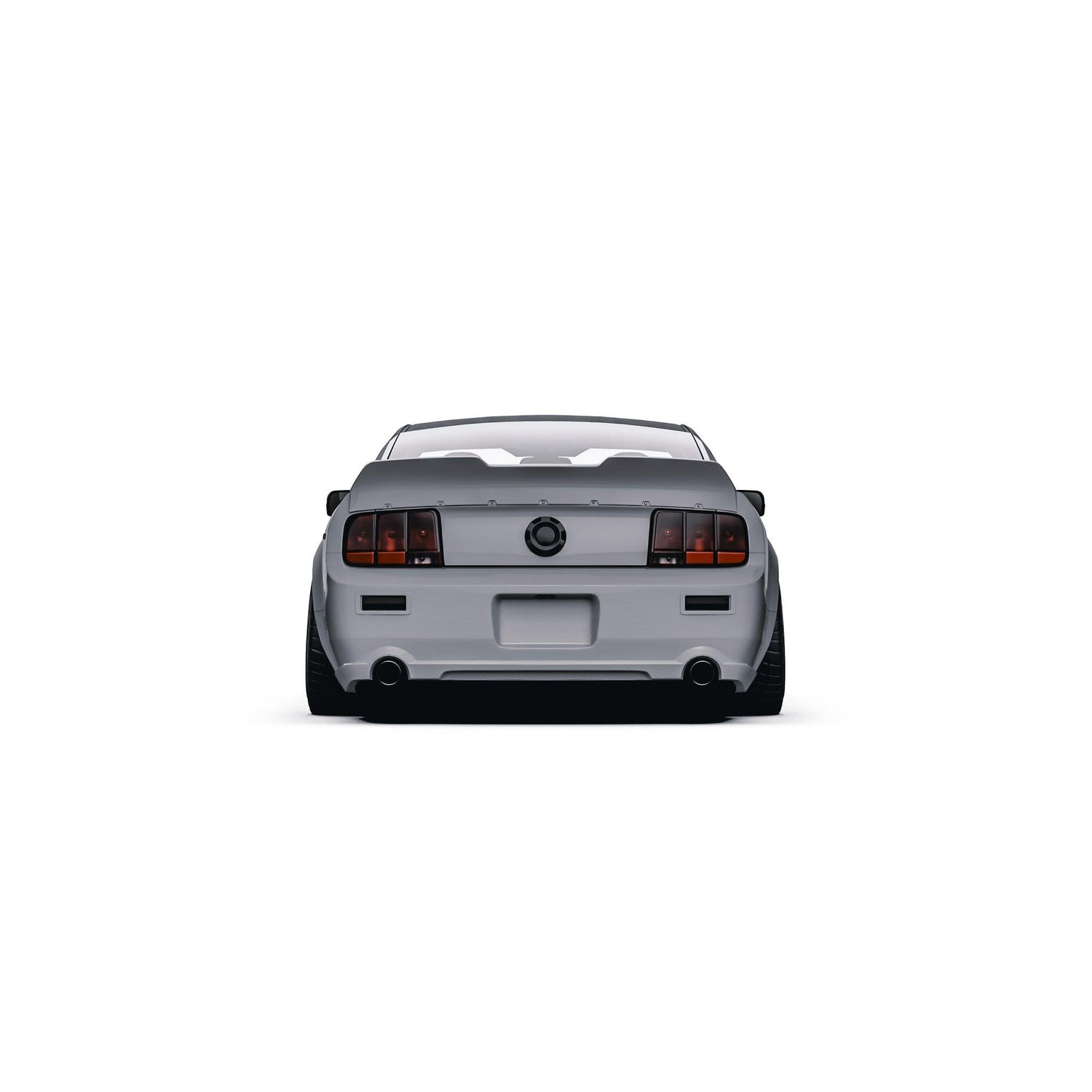 Rear view of Ford Mustang GT 2005-2009 trunk spoiler S197 ducktail duckbill SHIROKAI installed on gray car