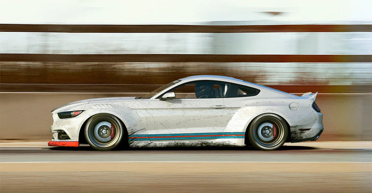 White muscle car with racing stripes speeding on a highway with motion blur and driver inside