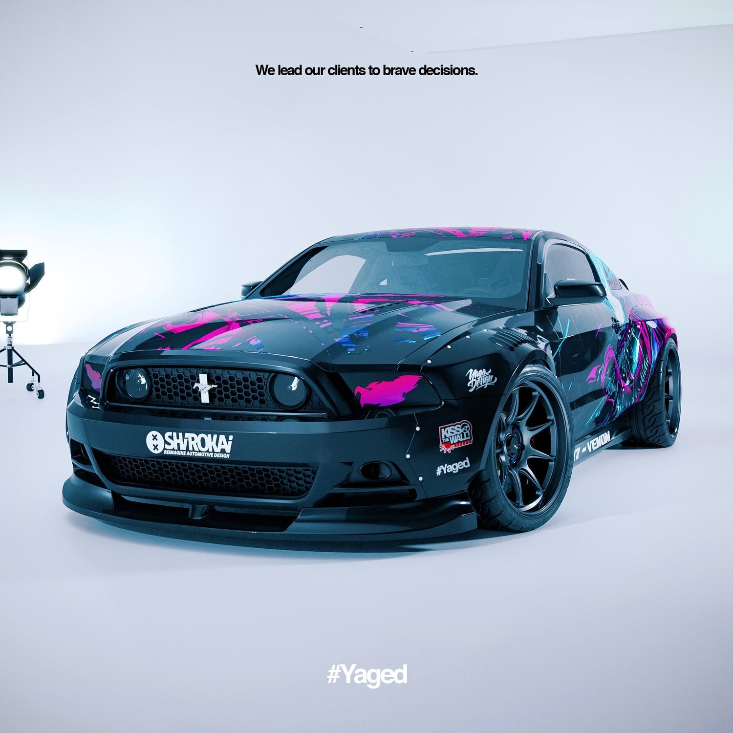 Ford Mustang with SHIROKAI widebody and Yagodesign art wrap