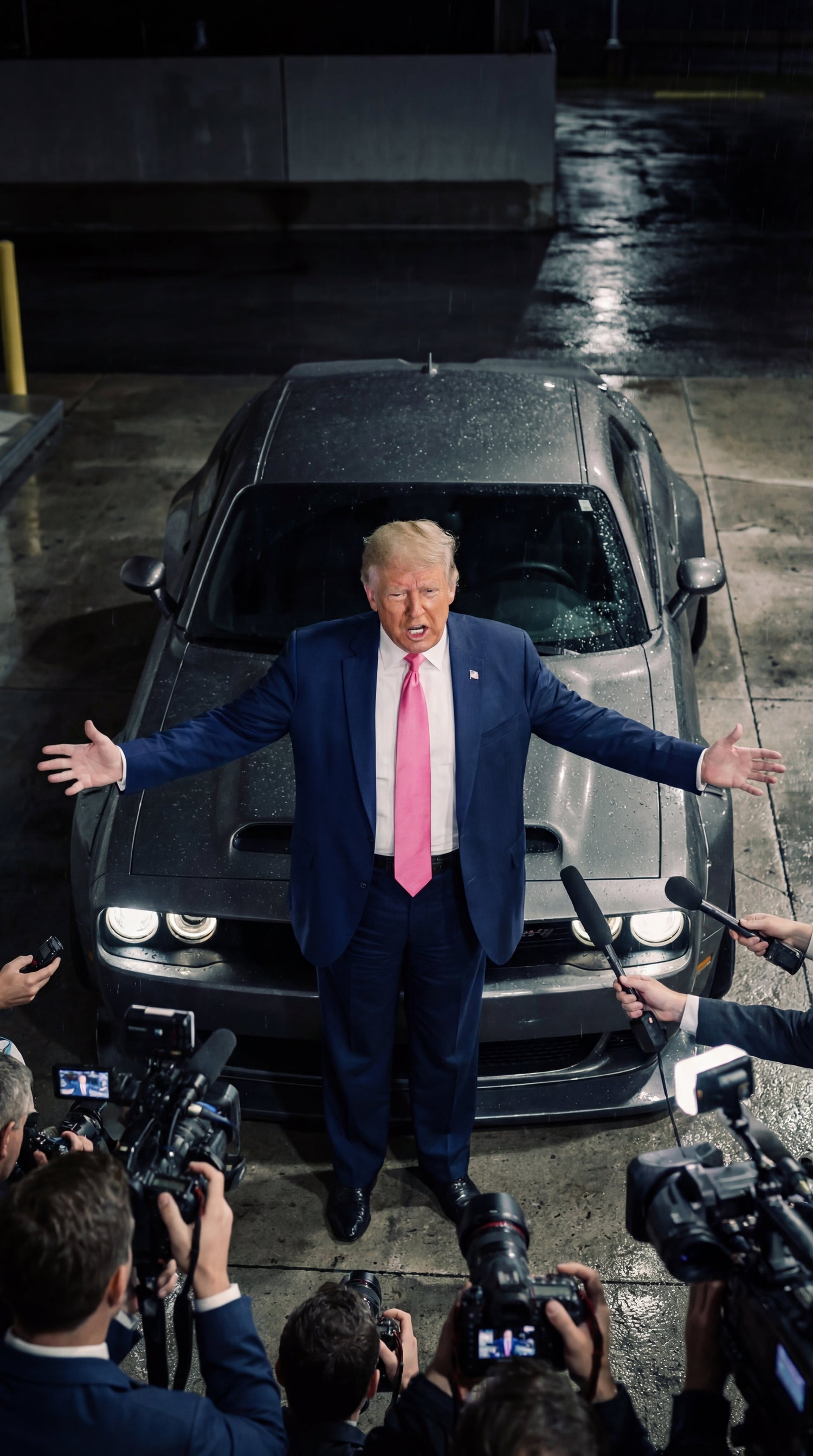 Man in suit speaking to media in front of grey Dodge Challenger widebody kit at night