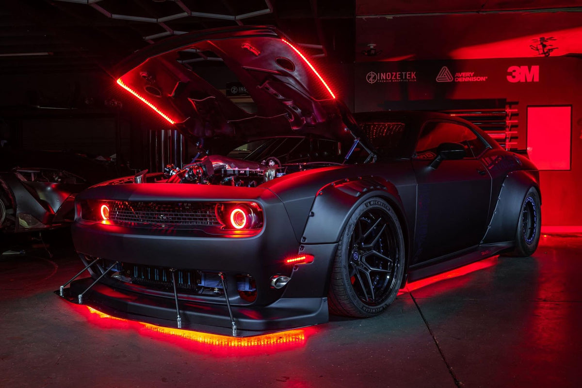 Black Dodge Challenger with SHIROKAI widebody kit, hood up and red underglow, Ultra SRT twin-turbo build