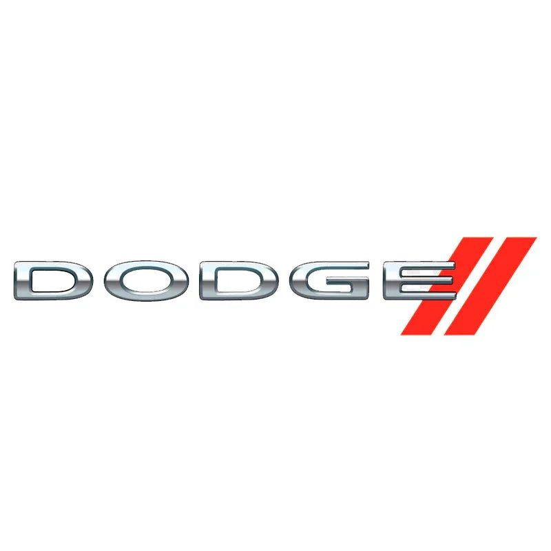 Silver Dodge logo lettering with two red diagonal stripes on a white background