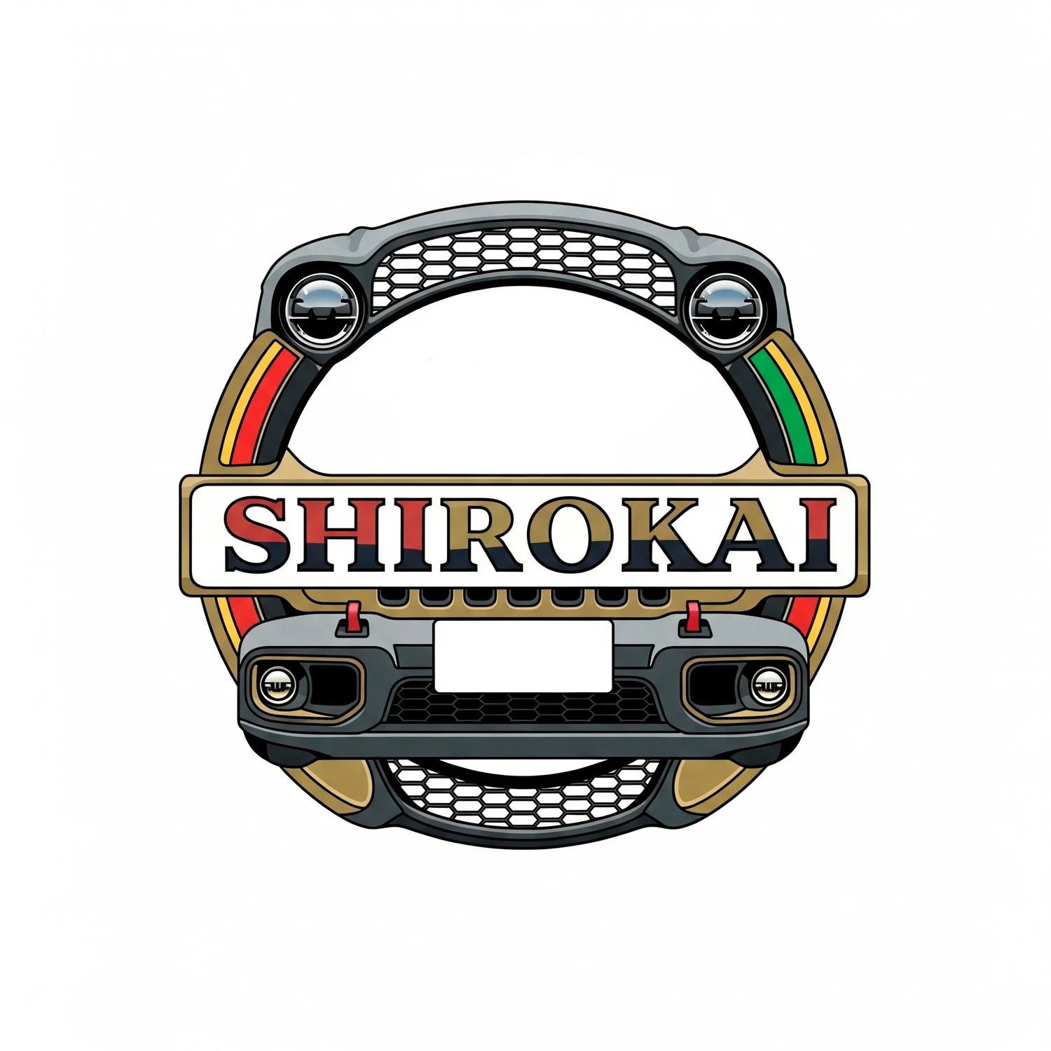 Illustration of a car front grille with headlights and fog lights, featuring the word SHIROKAI