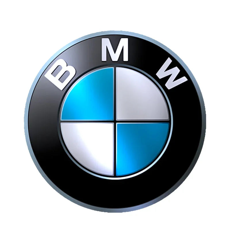 Close-up of BMW logo with blue and white quadrants on black circular background