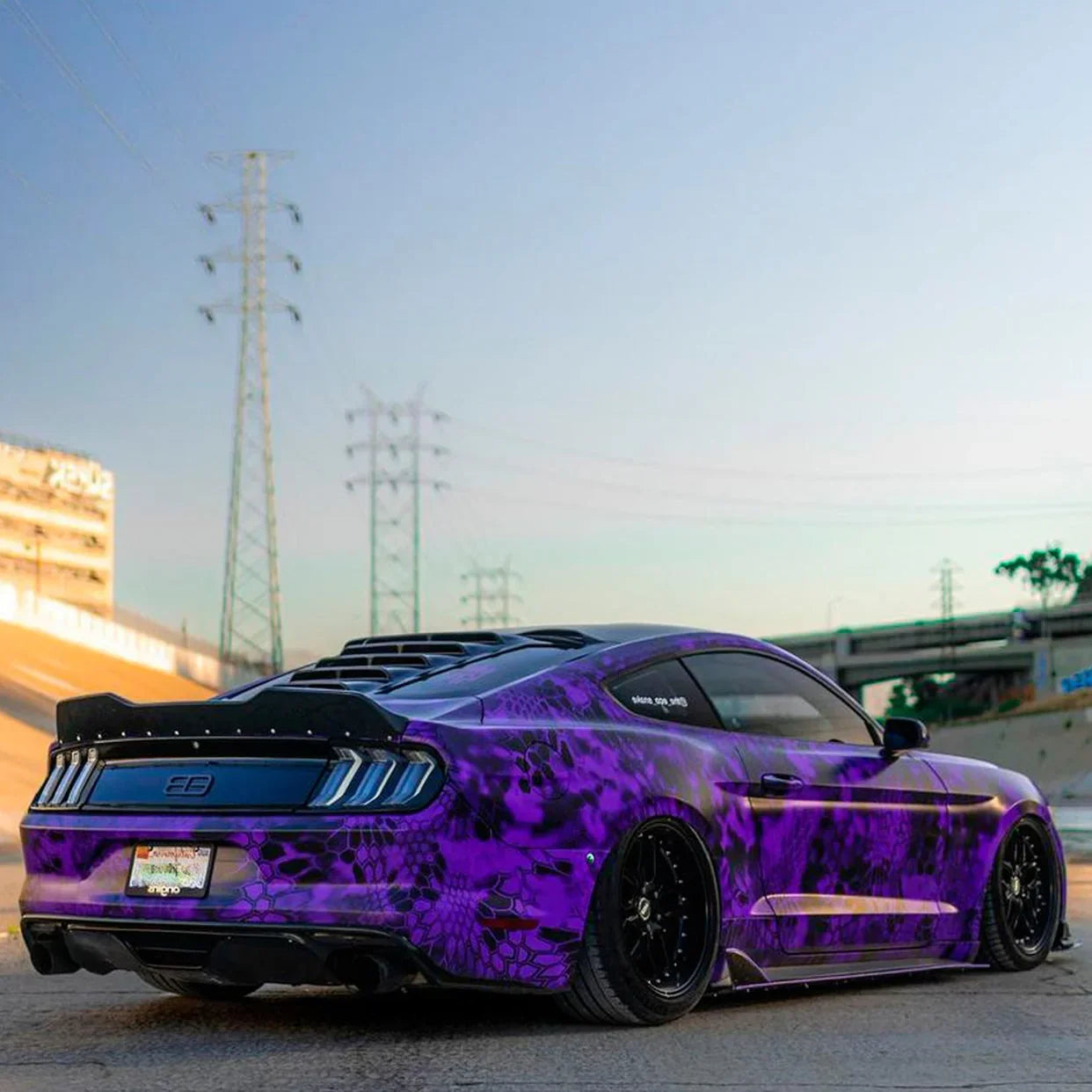 Purple custom ford mustang s550 with SHIROKAI Ducktail spoilers parked on a paved road at sunset