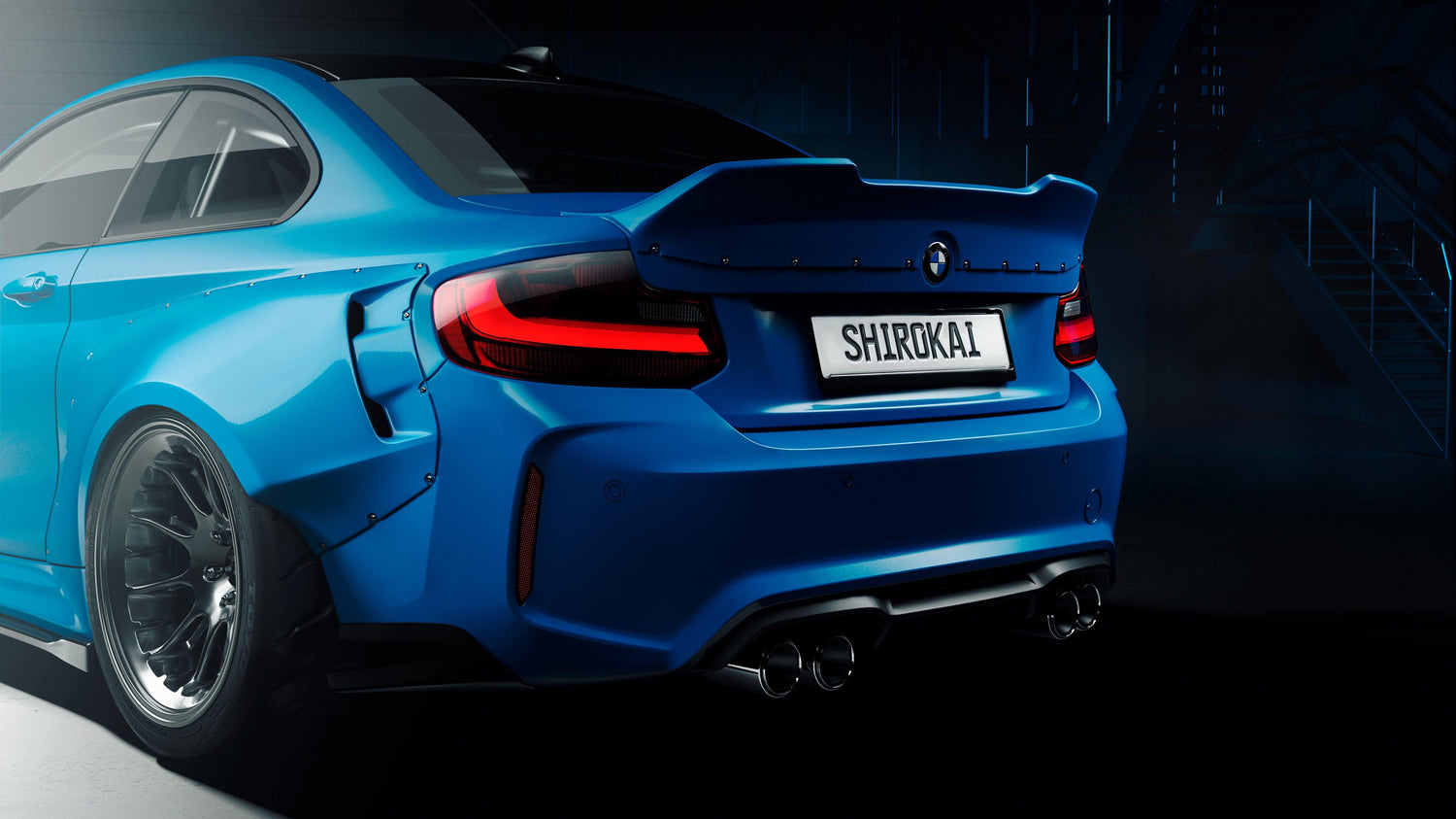 Blue BMW M2 2015-2018 widebody kit SHIROKAI installed showing rear and side view
