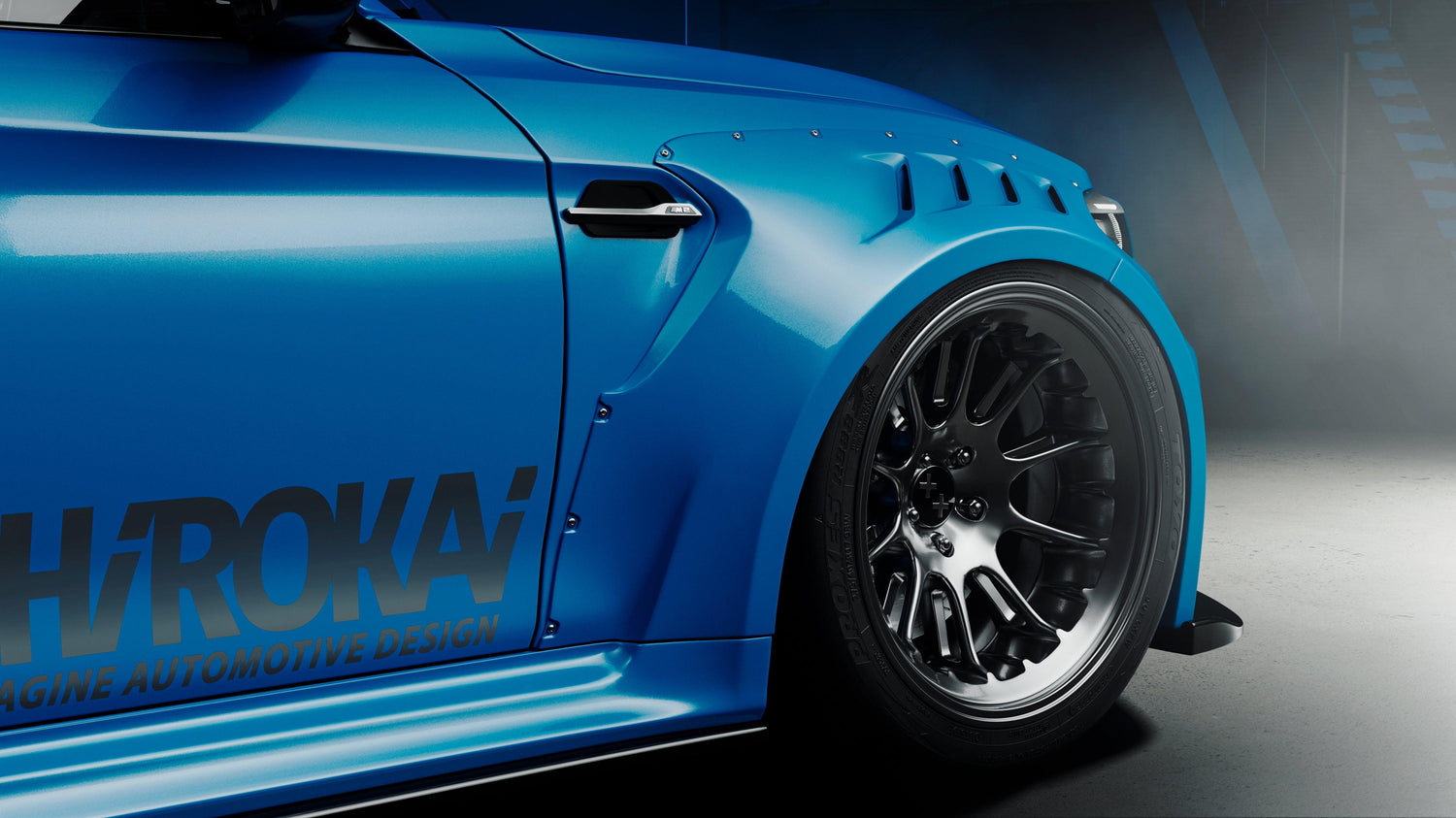 BMW M2 2015-2018 widebody kit SHIROKAI installed on blue car with black rims and vented fender