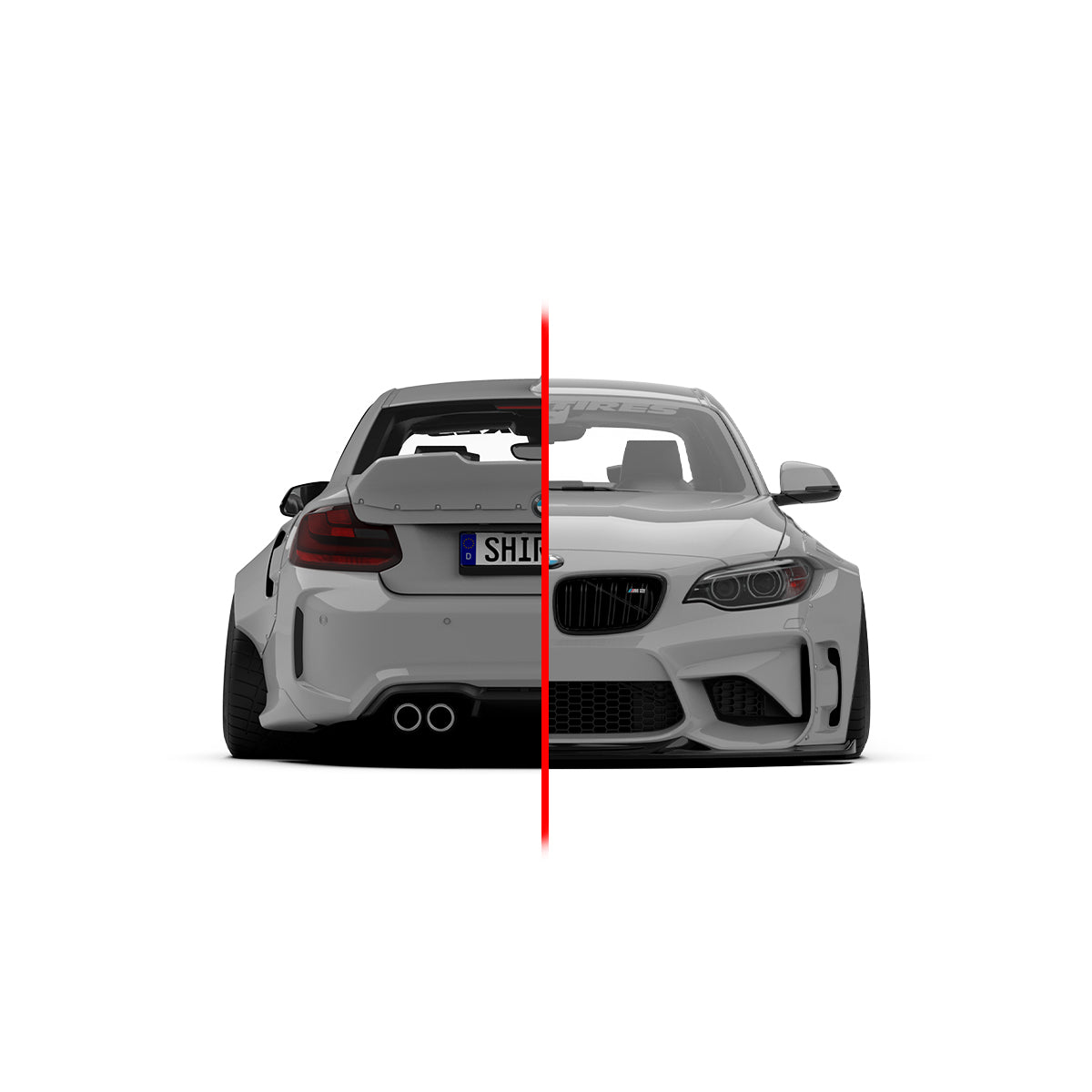 Front and rear view comparison of BMW M2 2015-2018 widebody kit SHIROKAI showing aggressive styling and body enhancements