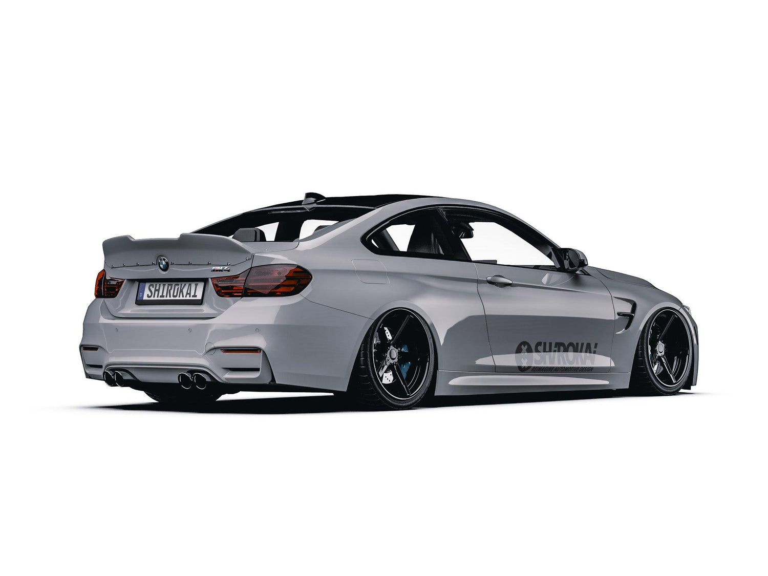 SHIROKAI BMW M4 F82 with ducktail trunk lid spoiler performance in matte gray side rear view