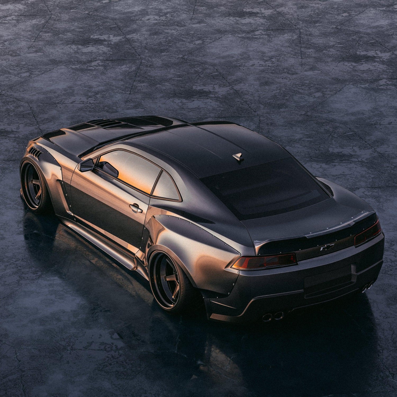 Chevrolet Camaro 5gen SS RS widebody kit SHIROKAI installed on matte black Camaro parked on textured surface