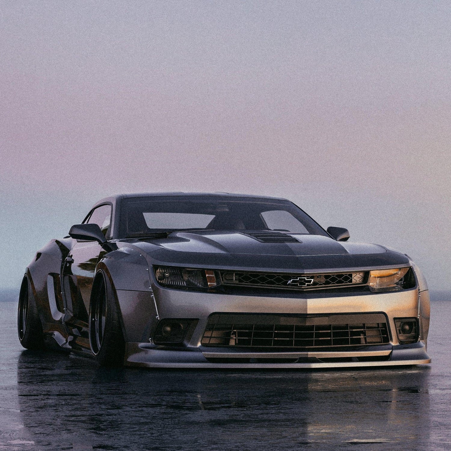 Chevrolet Camaro 5gen SS RS widebody kit SHIROKAI installed on a sleek silver sports car front view