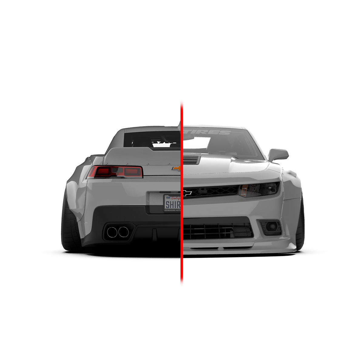 Front and rear view of Chevrolet Camaro 5gen SS RS widebody kit SHIROKAI in white showing aggressive wide fenders