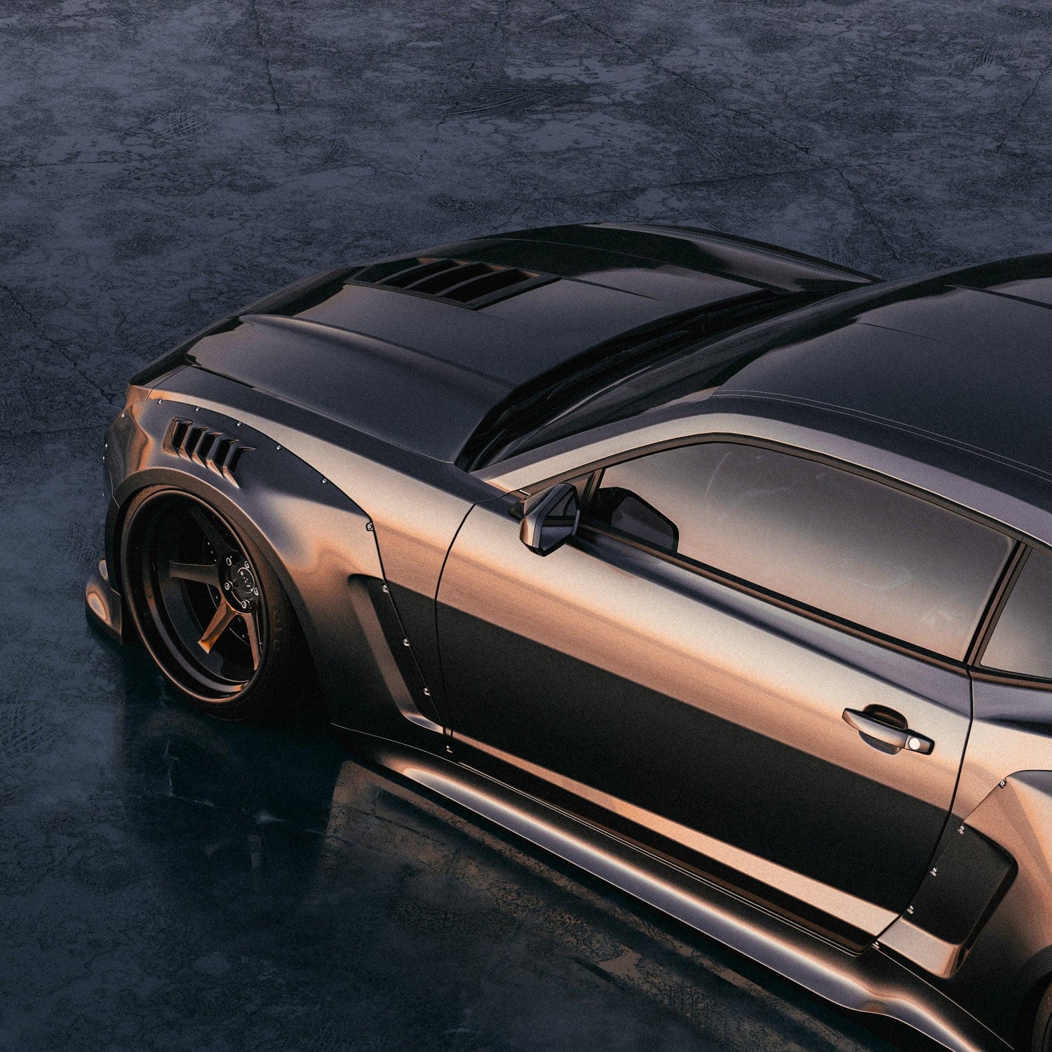 Chevrolet Camaro 5gen SS RS widebody kit SHIROKAI installed on black muscle car with aggressive fender flares and custom wheels