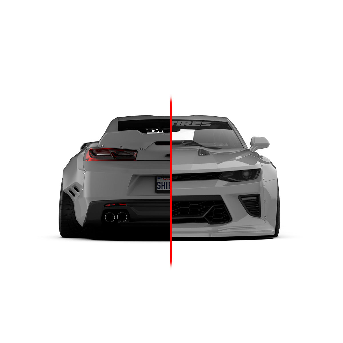 Chevrolet Camaro 6th gen widebody kit SHIROKAI Stance lowered Chevy showing front and rear view