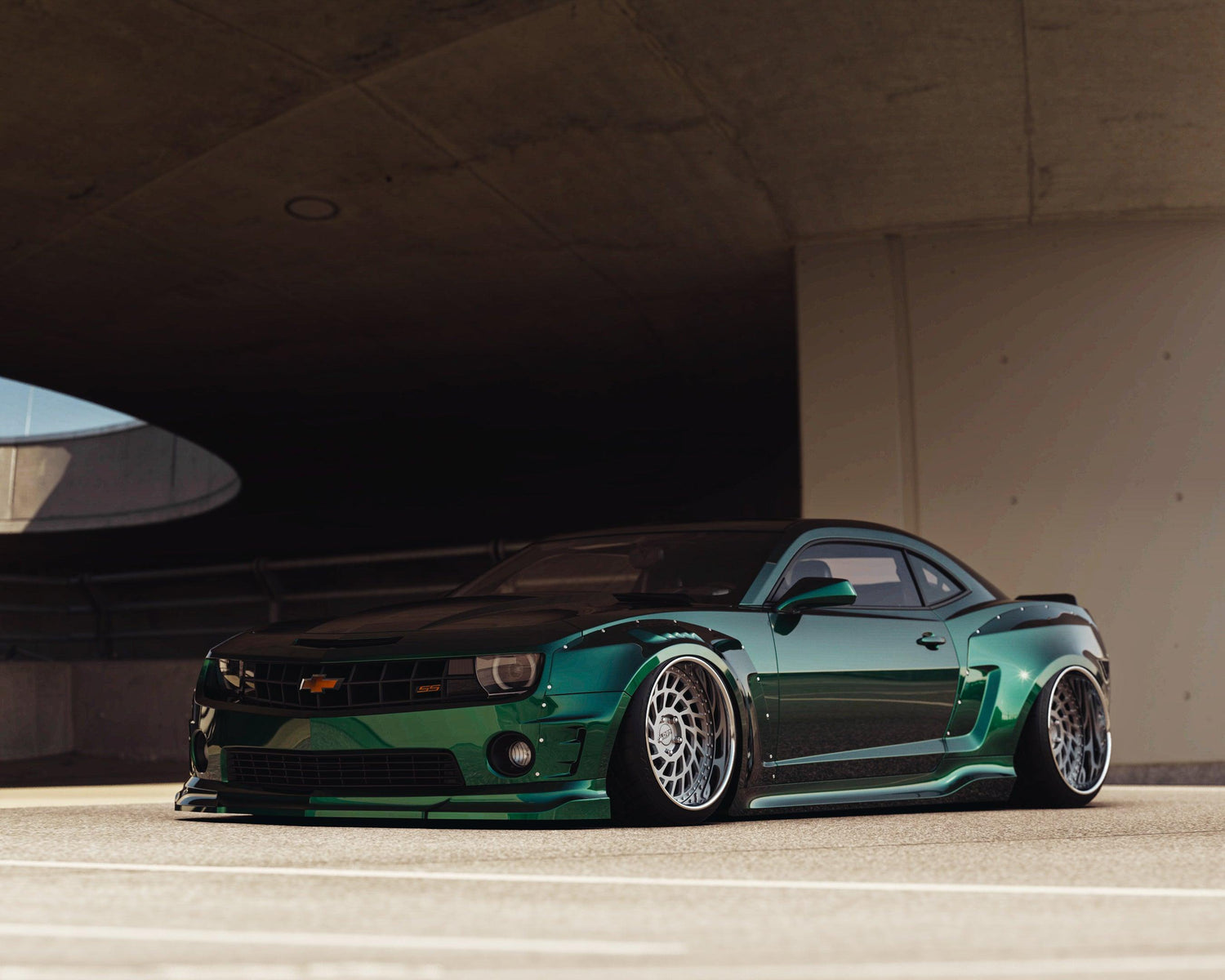 Chevrolet Camaro SS 2010-2013 widebody kit SHIIROKAI overfenders on green customized car