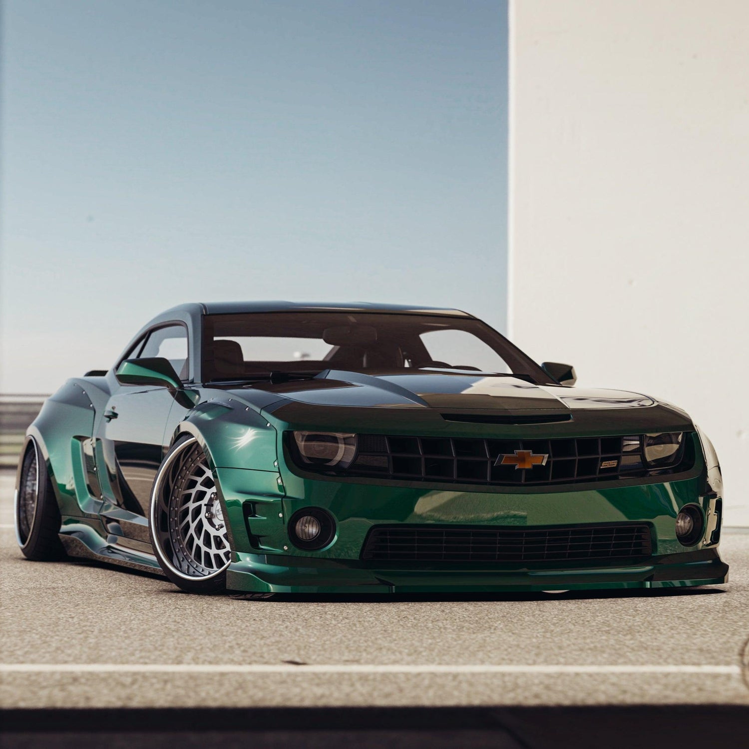 Green Chevrolet Camaro SS 2010-2013 widebody kit SHIIROKAI overfenders with custom wheels and lowered stance