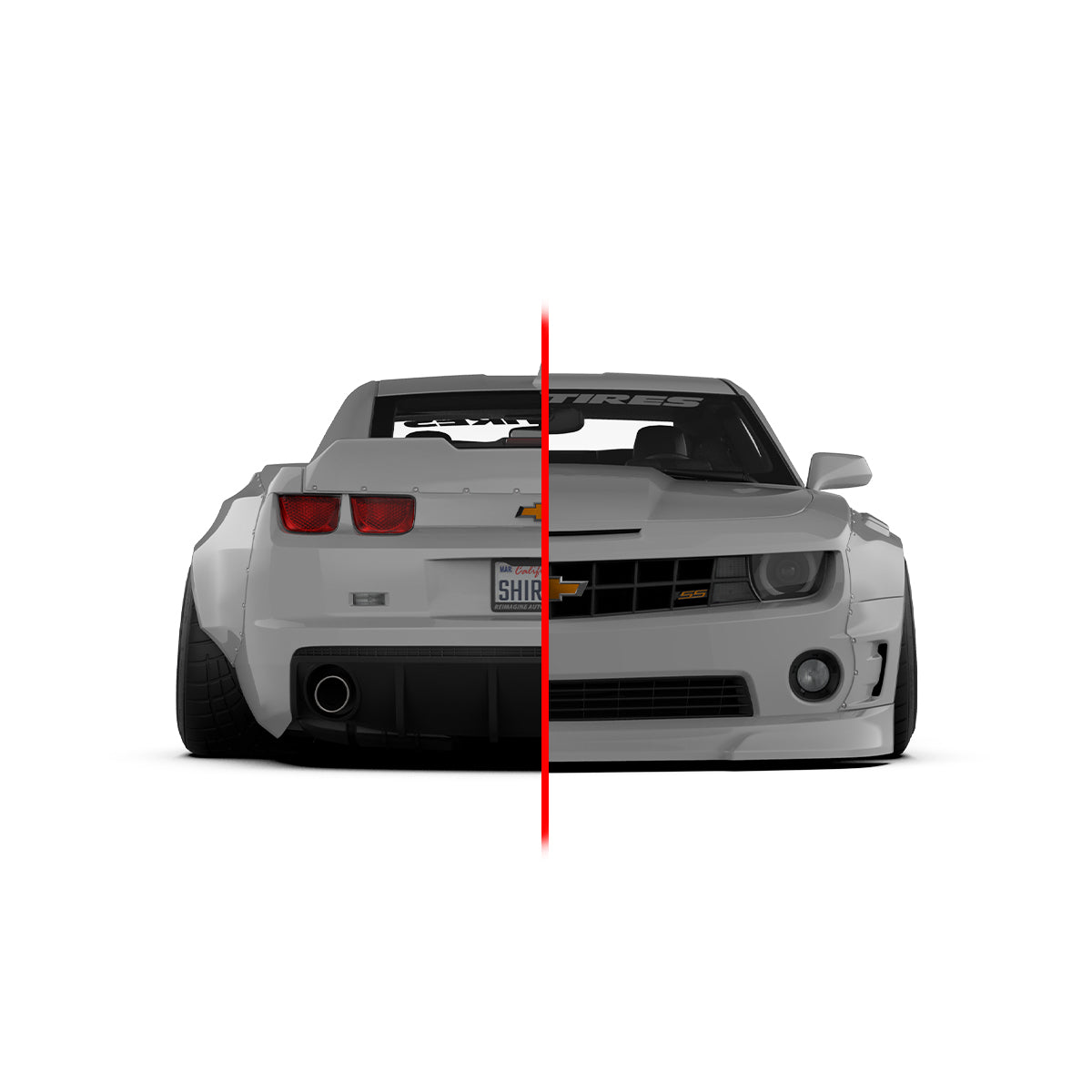 Front view of a white Chevrolet Camaro SS 2010-2013 widebody kit SHIIROKAI overfenders with split design