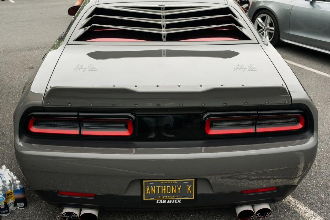 Rear view of Dodge Challenger with Dodge Challenger HELLCAT SHIROKAI widebody kit in gray