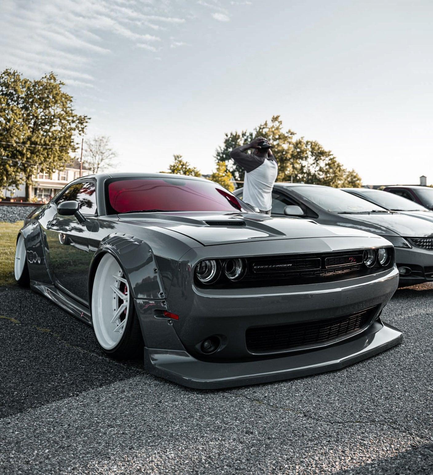 Gray Dodge Challenger HELLCAT SHIROKAI widebody kit with wide fenders and lowered stance
