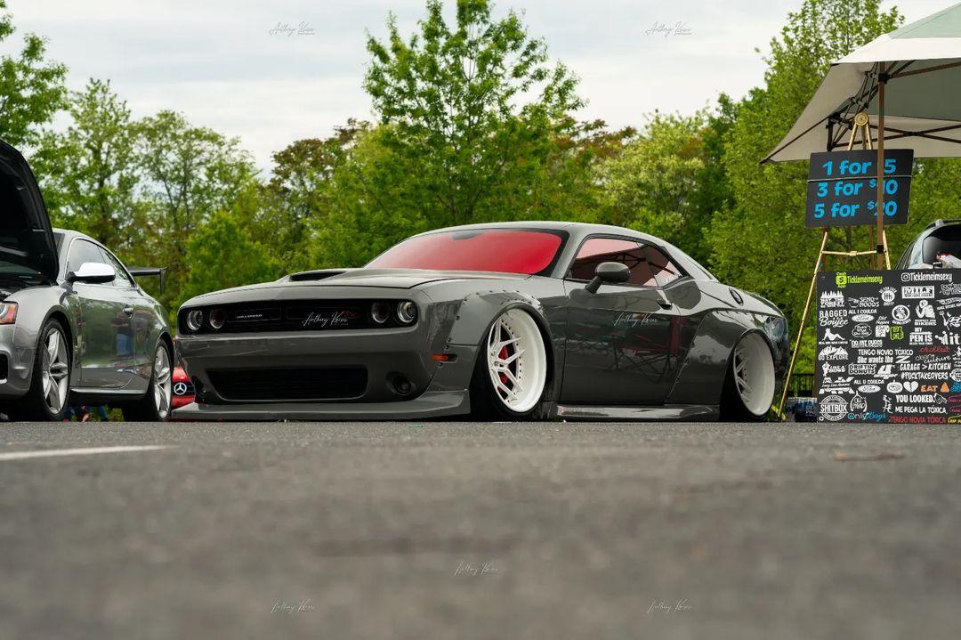 Dodge Challenger HELLCAT SHIROKAI widebody kit on gray muscle car with lowered stance and custom wheels