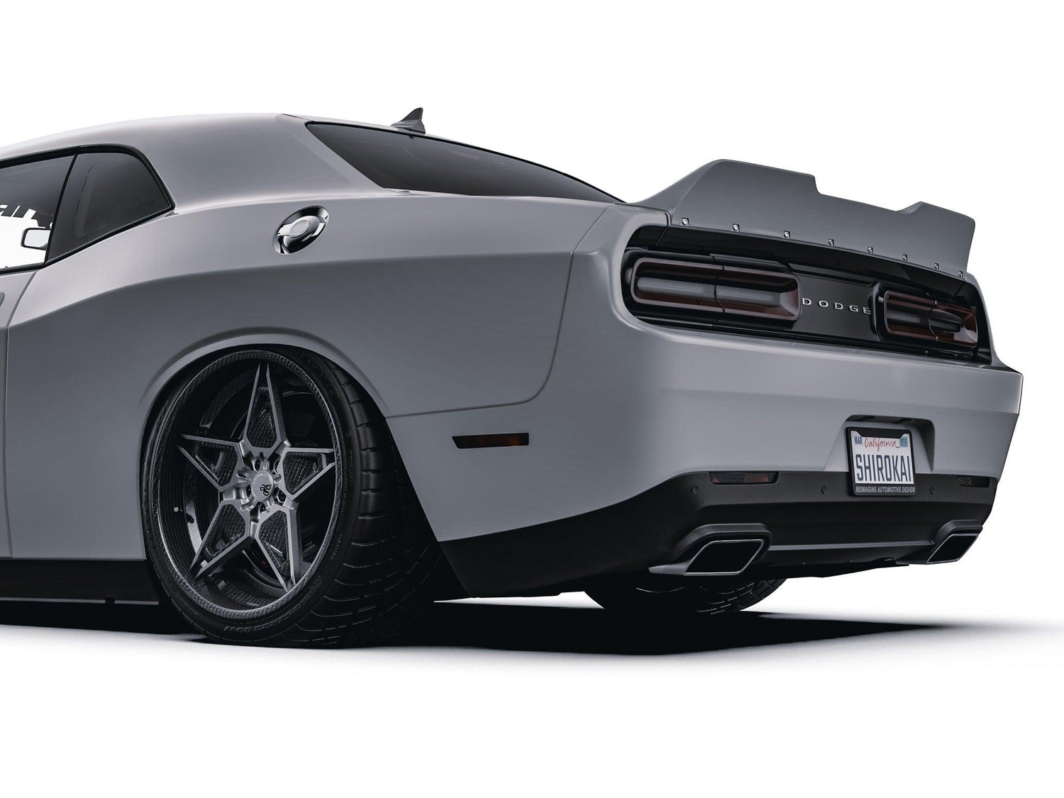 Gray Dodge Challenger with SHIROKAI ducktail duckbill spoiler installed on rear trunk