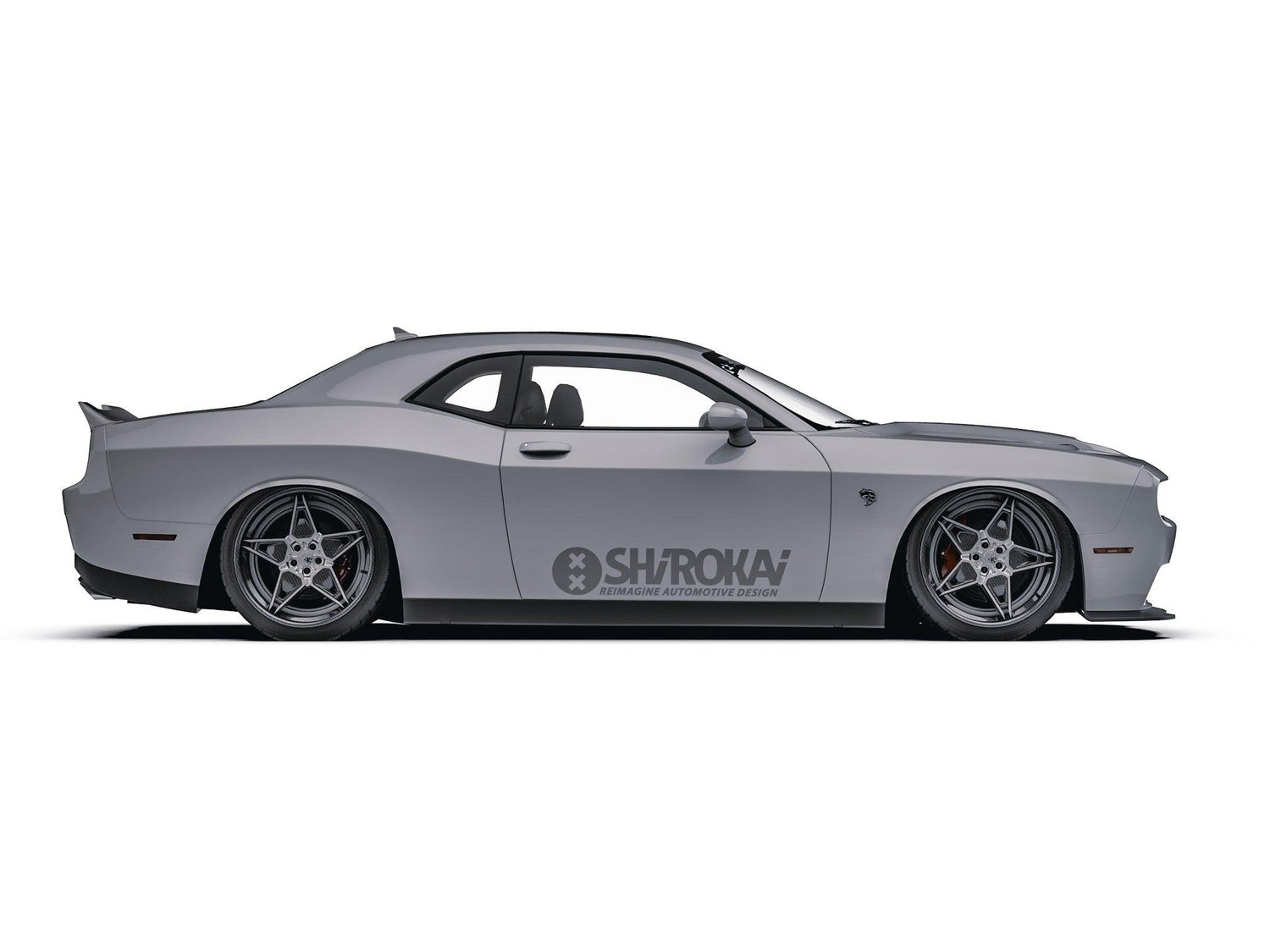 Gray Dodge Challenger with SHIROKAI ducktail duckbill spoiler and custom low-profile wheels