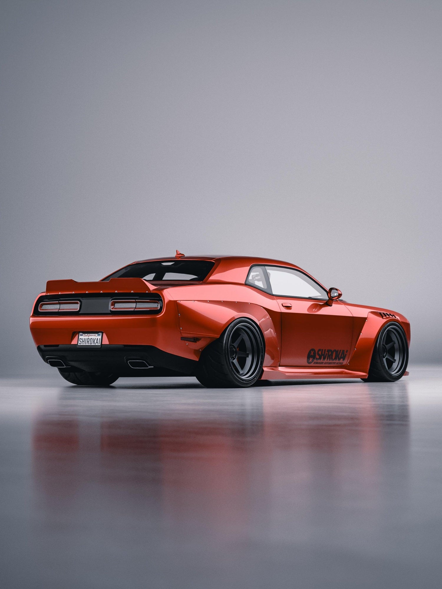 Orange Dodge Challenger with SHIROKAI ducktail duckbill spoiler and custom wide body kit