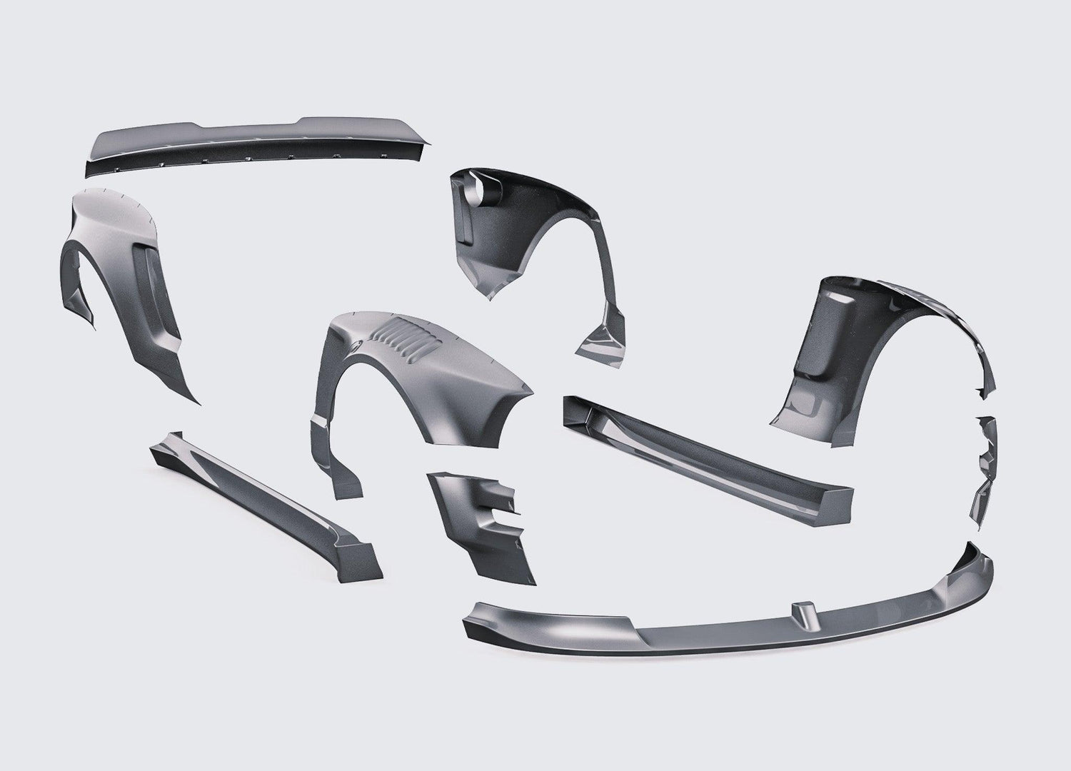 Ford Mustang S197 widebody kit SHIROKAI black aftermarket body parts laid out on a gray background