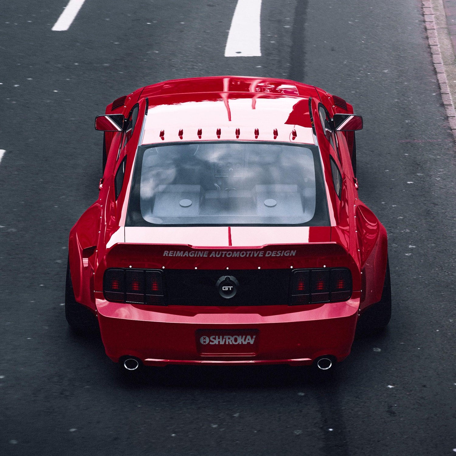 Red Ford Mustang with ford mustang S197 widebody kit SHIROKAI installed showing rear view on road