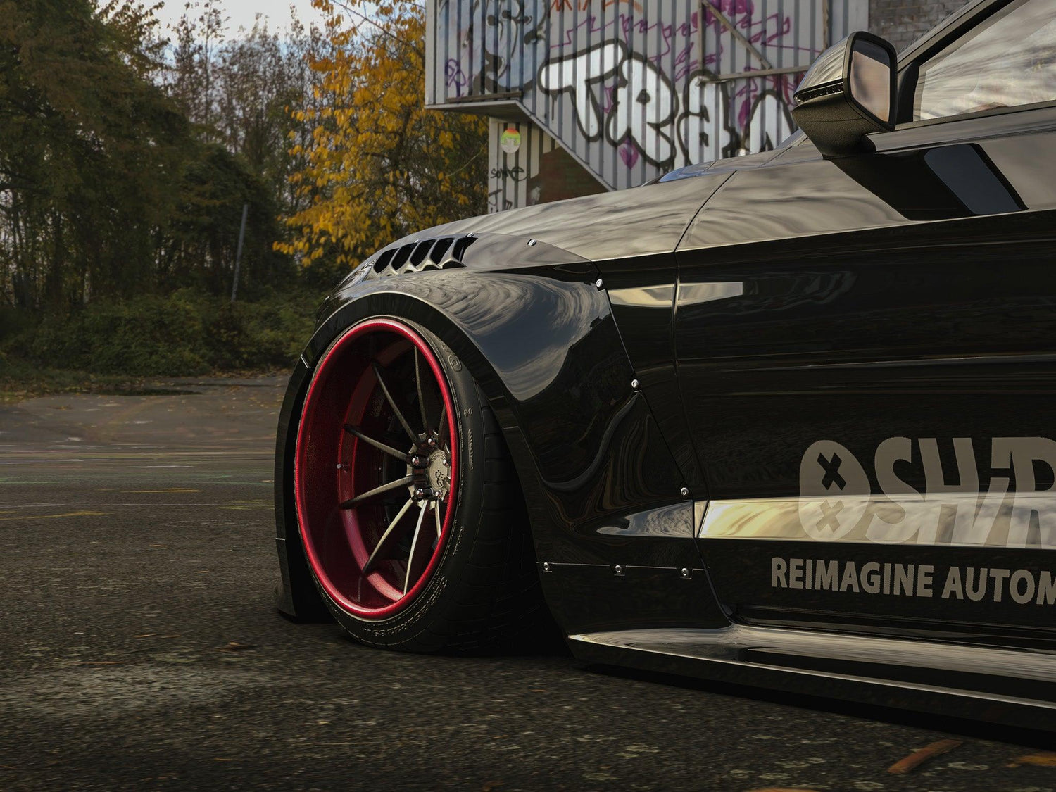 Black Ford Mustang S550 with red rims featuring Ford Mustang S550 widebody kit SHIROKAI installed outdoors