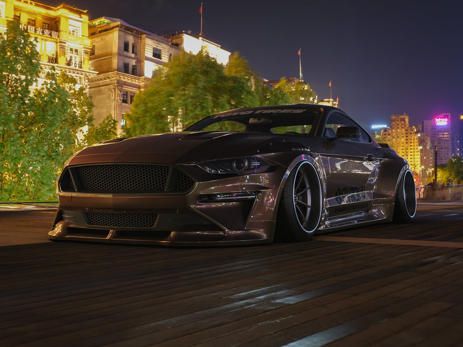 Ford Mustang S550 widebody kit SHIROKAI installed on a sleek black car parked at night in an urban setting