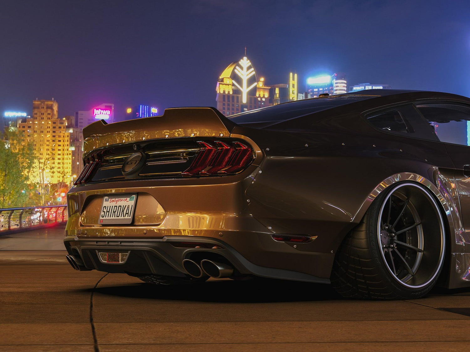 Rear view of Ford Mustang with Ford Mustang S550 widebody kit SHIROKAI parked at night in cityscape