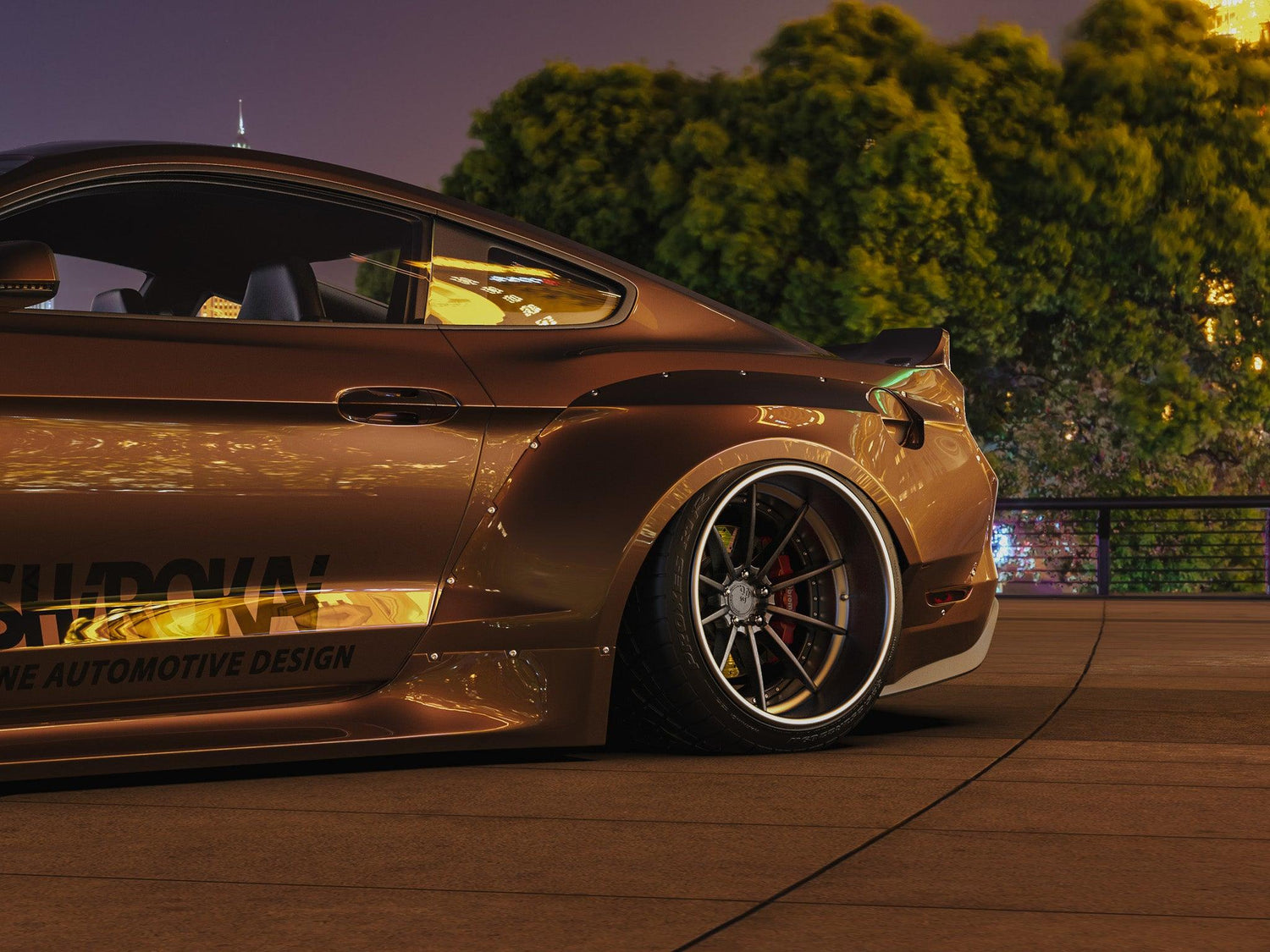 Ford Mustang S550 widebody kit SHIROKAI installed on brown car with custom wheels and lowered stance