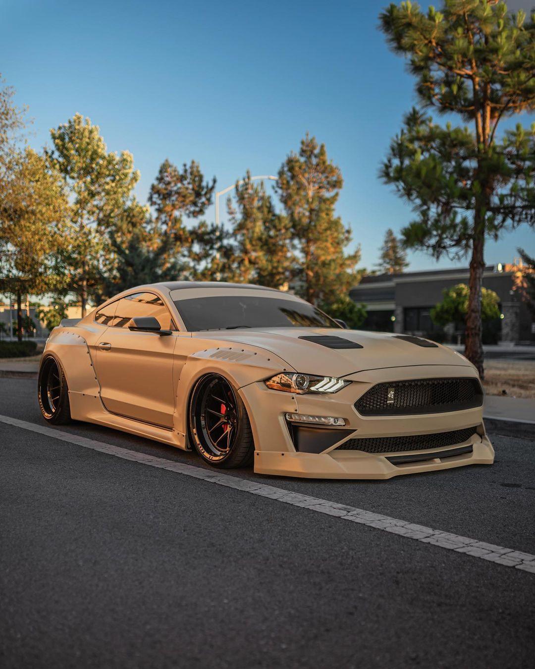 Ford Mustang S550 with tan SHIROKAI widebody kit parked on street under clear sky