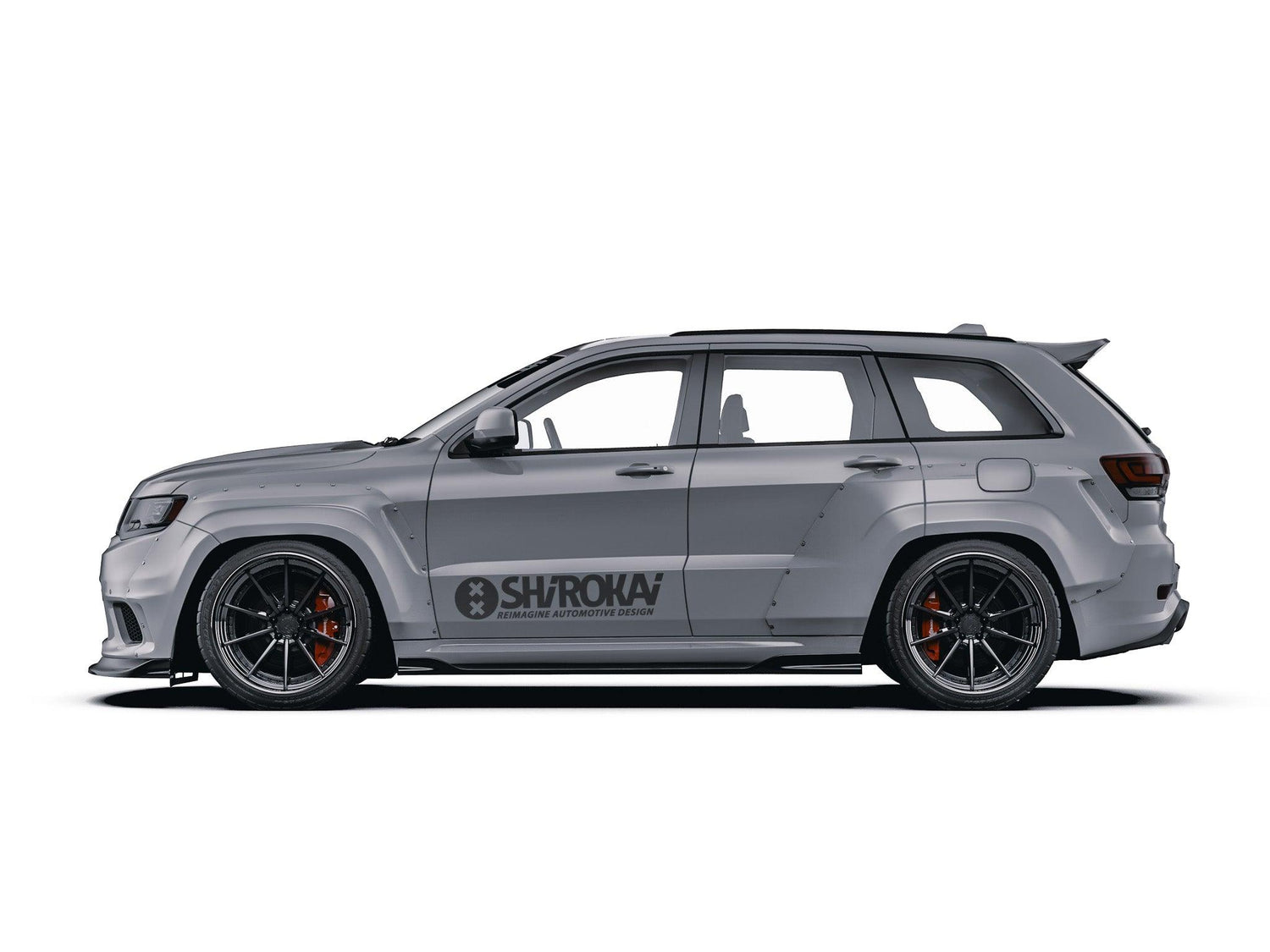 Jeep Grand Cherokee Trackhawk SRT rear door spoiler SHIROKAI installed on gray SUV side view
