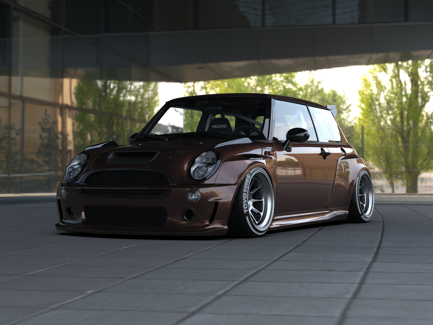 Mini Cooper S R53 with SHIROKAI widebody kit in dark brown parked under a modern building
