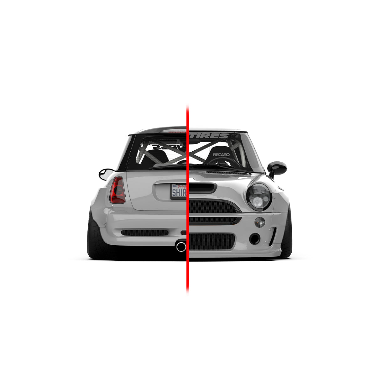 Front view of Mini Cooper S R53 widebody kit SHIROKAI showing before and after installation split