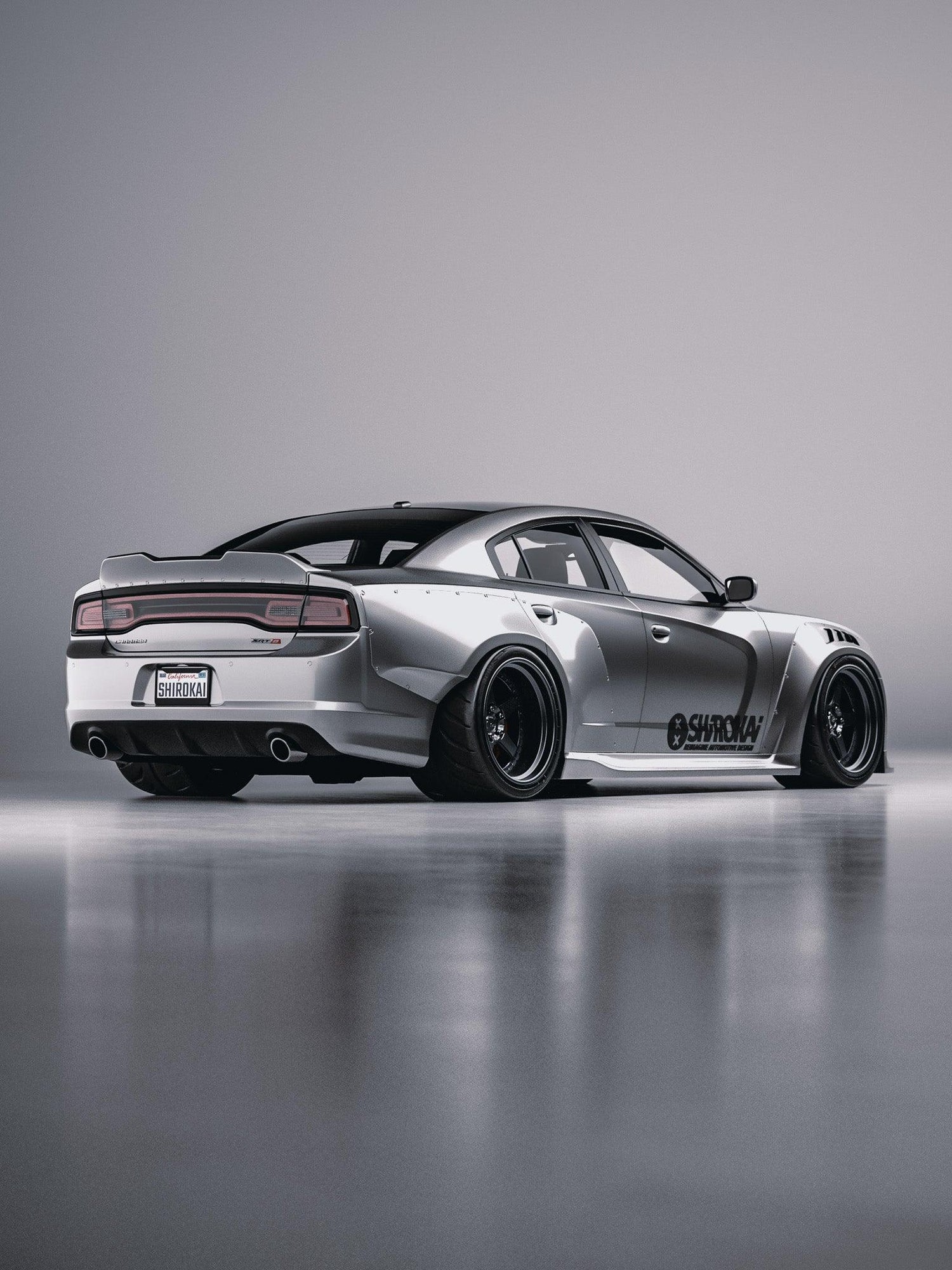 2011-2014 Charger rear trunk spoiler upgrade SHIROKAI on silver Dodge Charger with wide body kit